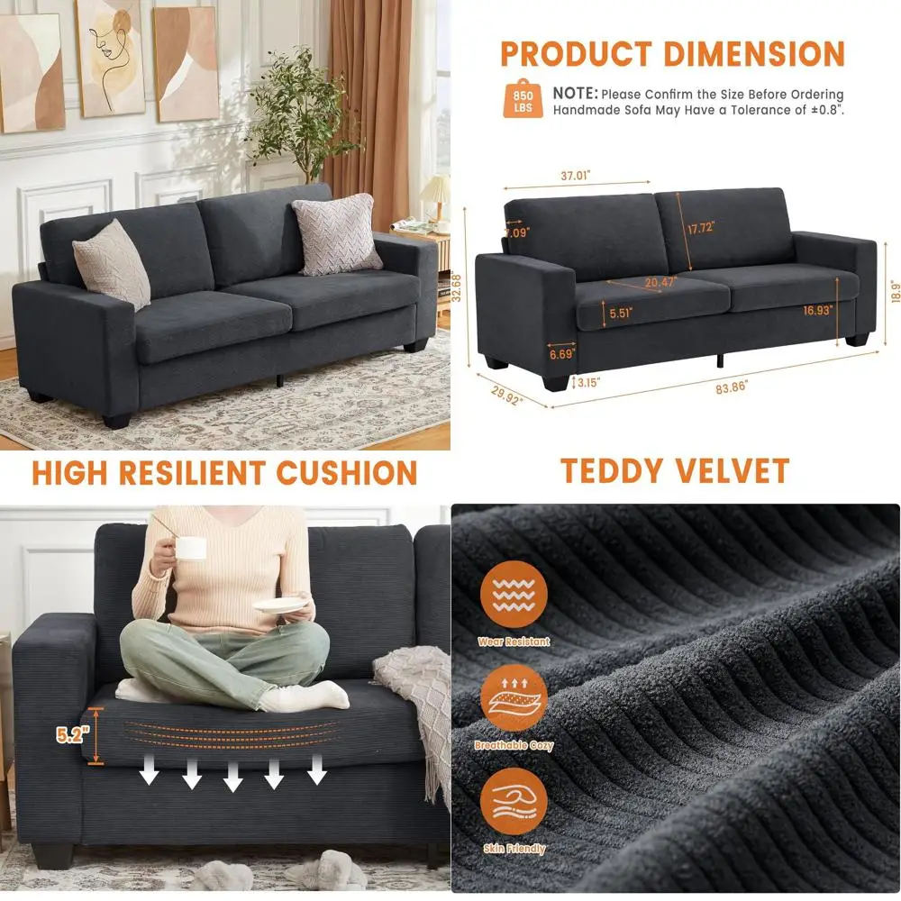 

Двухместный диван-софа из вельвета 83 с широкими подлокотниками, съемными моющимися чехлами, идеально подходит для небольших гостиных (серый K)