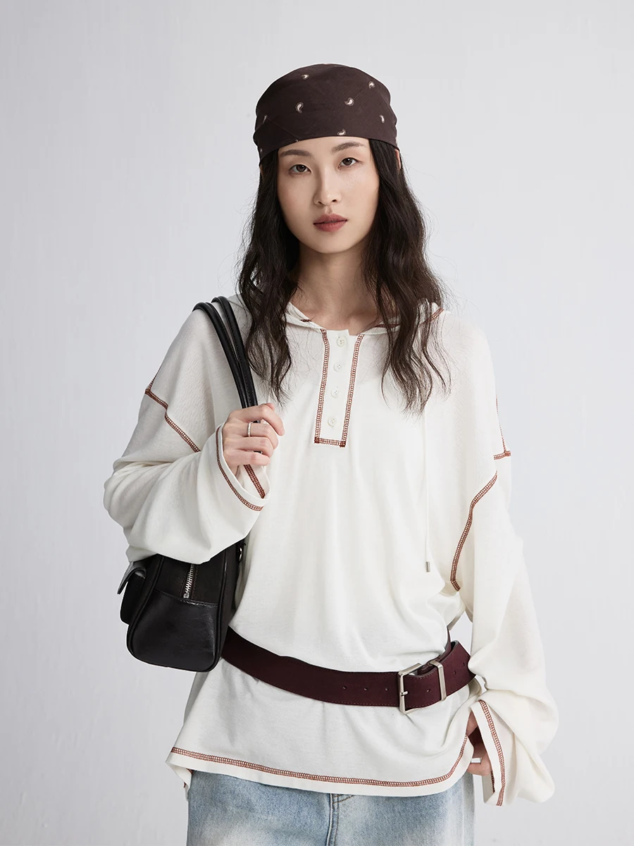 

Red Stripe Hoodie Casual Loose Long Sve T-irt Silk Blend Women's Faion Design Contrast Color Oversized Summer Top