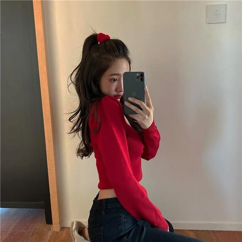 

Pullovers Women Design Solid Stylish Slim Tender Square Collar All-match Long Sleeve Minimalist Cropped Clothes College Basic