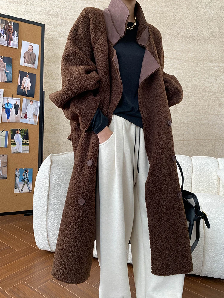 [EAM] Coffee Lambswool Big Size Thick Warm Jacket New Lapel Long Sleeve Women Coat Fashion Tide Autumn Winter 2024 1DH7818