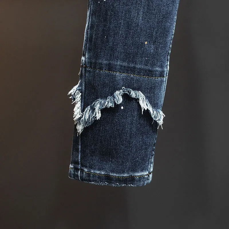 2024 new men's ripped jeans slim fit elastic stitching design casual street handsome washed-out vintage motorcycle long