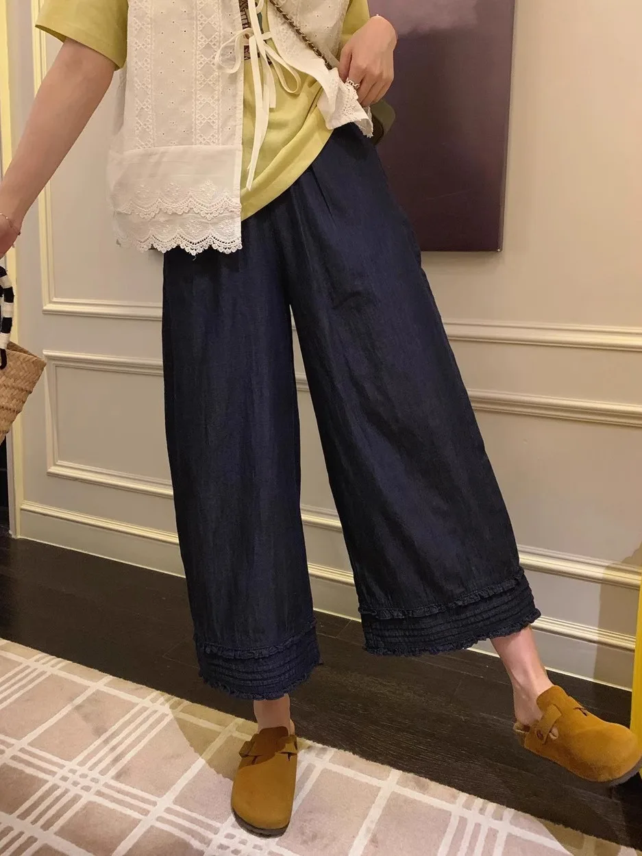 

Джинсы Xubeng синие с оборками на талии, прямые, широкие, женские, летние, повседневные, свободного кроя, укороченные (9/10 длины)