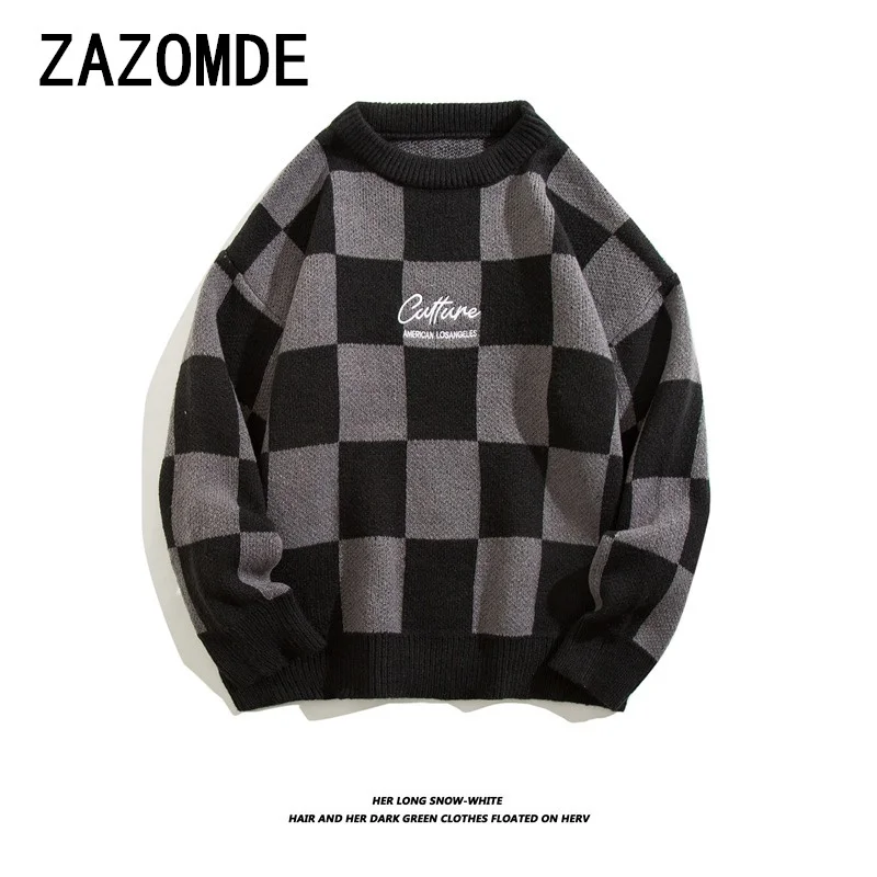 ZAZOMDE 2024 Autumn Winter New Idle Style Round Neck Knitted Top Men's Trendy Brand High Street Checkered Knitwear Sweater Men