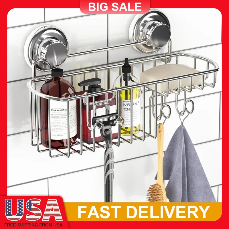 

Stainless Steel Shower Caddy with Suction Cups Bathroom Organizer for Shampoo Soap Hooks Rustproof Chrome Storage Shelf