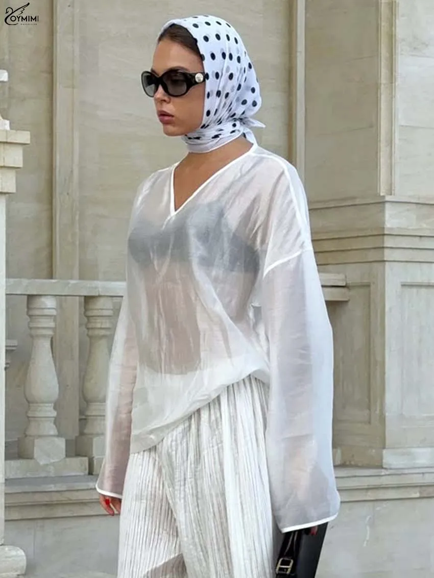 

Oymimi, новая летняя белая женская блузка, повседневная полупрозрачная блузка с v-образным вырезом и длинными рукавами, модные свободные простые рубашки, женская одежда