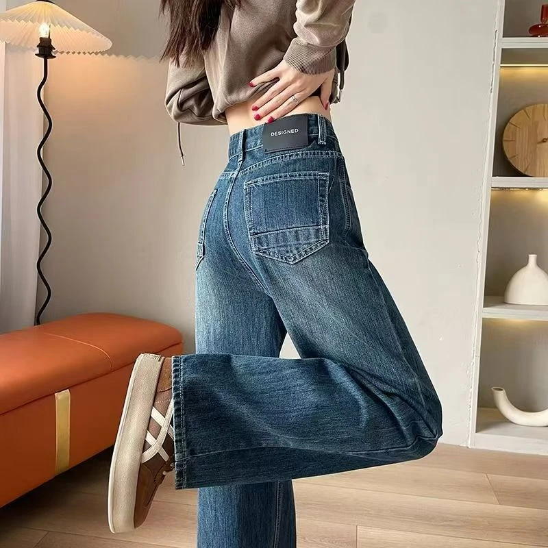 

New Women's Wide Leg Jeans High Waist Trousers Autumn Spring Fashionable Straight Cut Deep Blue Color No Stretch Elasticity