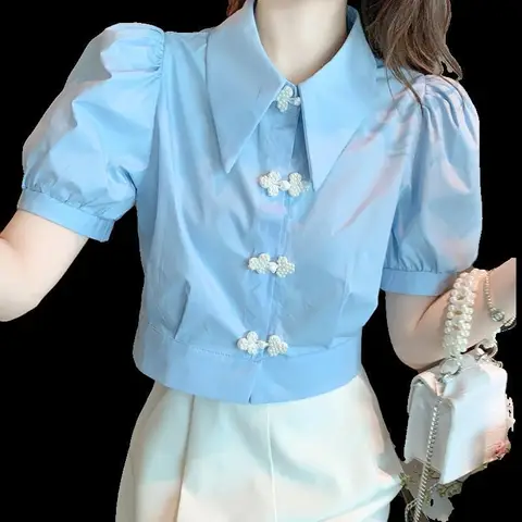 여성 여름 패션 버튼 솔리드 컬러 턴 다운 칼라 반소매 셔츠 숙녀 단순 사무실 레이디 올 매치 스위트 탑스