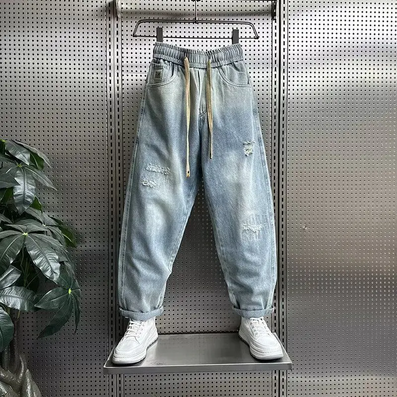 

Designer Clothing Ripped Light Blue Jeans Men's Summer Thin Trendy Brand Ruffian Handsome Harlan Elastic Small Feet Beggar Pants