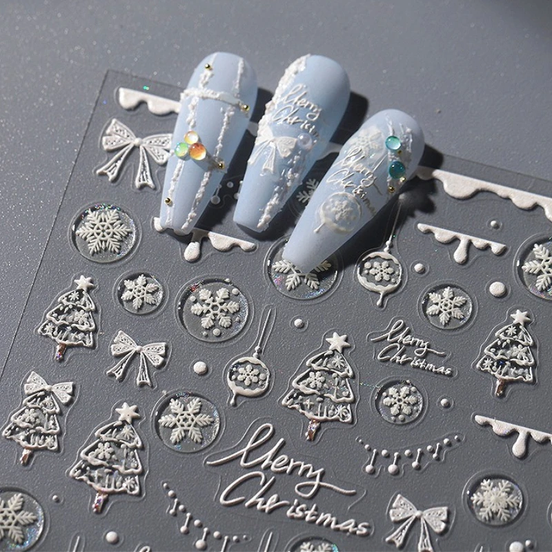 

White Snowflake Bowknot Christmas Tree Ball Winter Shiny 3D Jelly Embossed Nail Art Stickers Cute Xmas Manicure Decals Wholesale