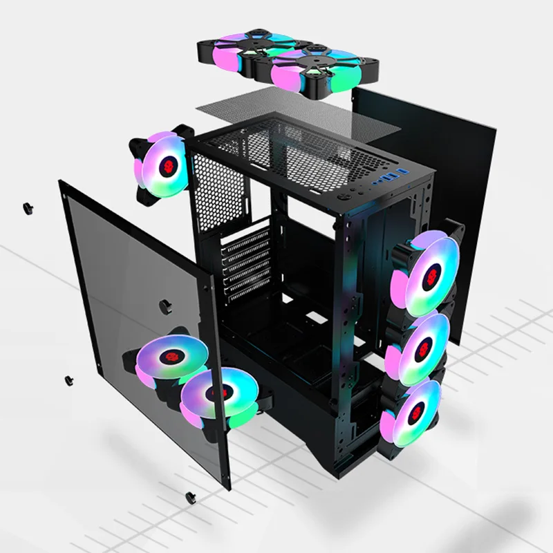 WJCOOLMAN Ni Cai II Panoramic รุ่น 2 ด้านโปร่งใสแก้วสําหรับเล่นเกมคอมพิวเตอร์ 7 ตําแหน่งพัดลมรองรับ ATX / Micro-ATX