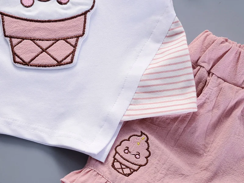 1-4T Girl Clothes Summer Short Sleeve Cartoon Ice Cream Print T-shirt Pant 2PCS Baby Set Children Outfit Kid Tracksuit A486