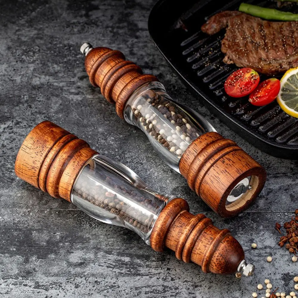 Oak Pepper Grinder Bottle Visible Bottle Body Ceramic Grinding Core Salt Pepper Mill 8 Inch Adjustable Particle Size