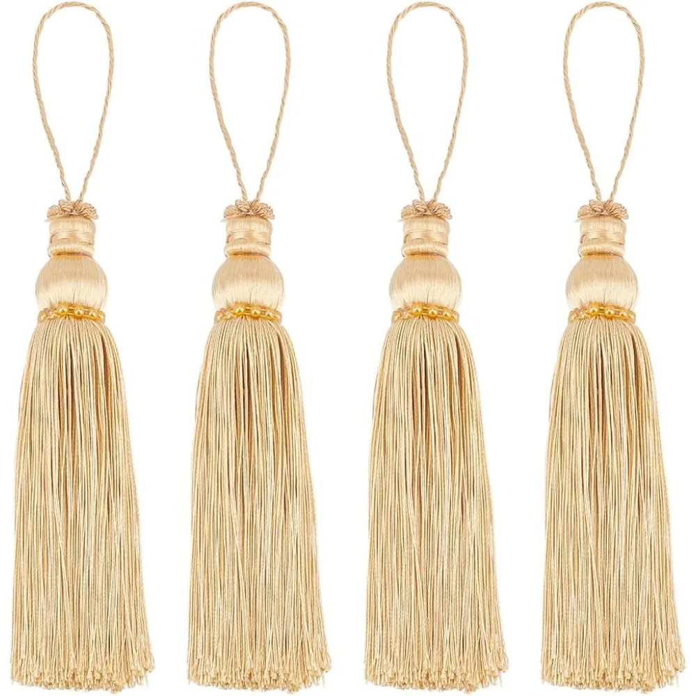 4Pcs Light Khaki Polyester Tassel Pendant 10 Inch Long Tassel Key Tassel with Loops Handmade Craft for Home Hanging