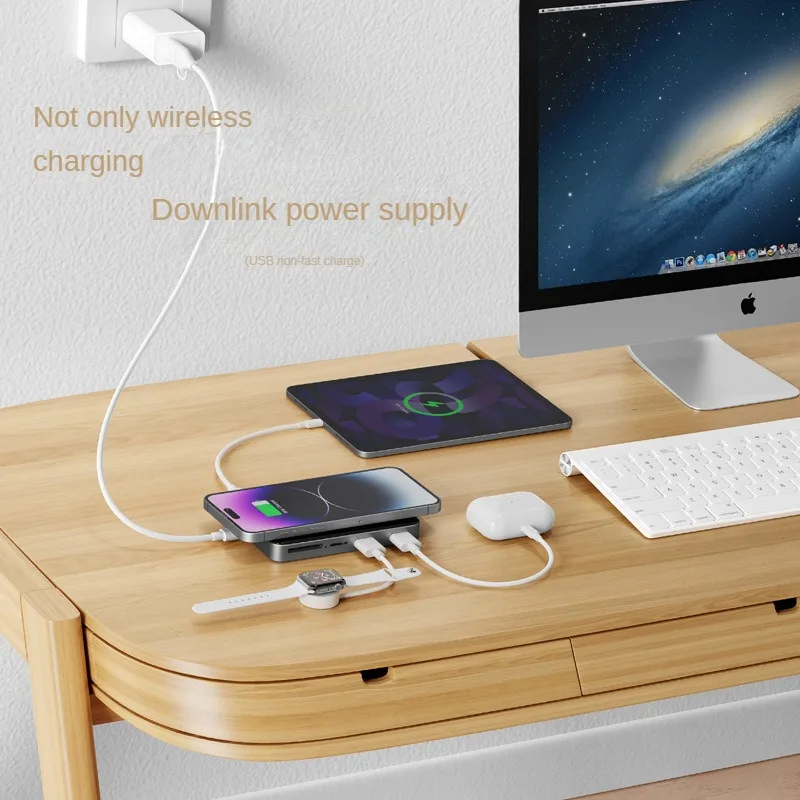 8-in-1 USB C HUB 5Gbps Type C แท่นวางมือถือ15W ระบบชาร์จเร็วไร้สาย tf/ การ์ดรีดเดอร์ SD qc/pd Power Inlet สำหรับโทรศัพท์คอมพิวเตอร์