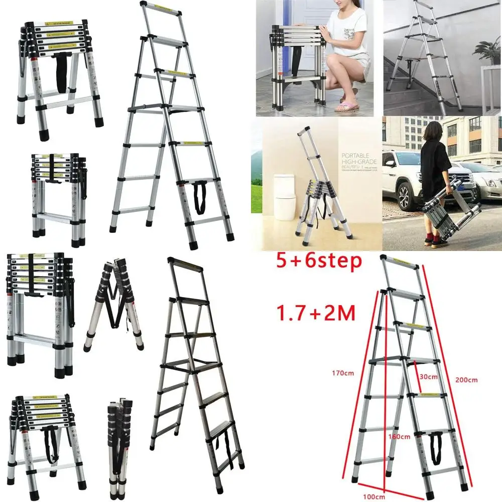 سلم متعرج خفيف الوزن بطول 5.34 قدم مع أقدام مطاطية وتمديد 5+6 خطوات لضبط الارتفاع #1