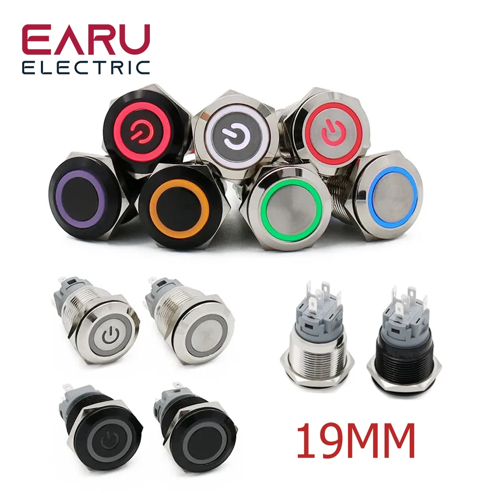 19mm New Waterproof Metal Push Button Switch LED Light Anodize Oxide Black Momentary Latching Car Engine PC Power Switch 3-380V