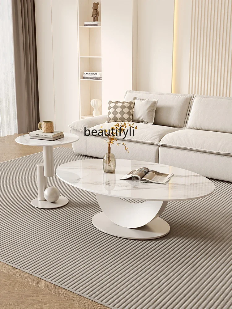 Italian simple cream style oval rock slab coffee table living room household small apartment creative high-end combination