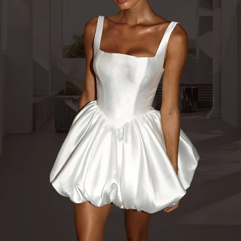 Eleganti abiti corti bianchi da ballo di fine anno per ragazze Colletto quadrato con fiocco Mini abiti da cocktail gonfi Compleanno Robe De Soriee