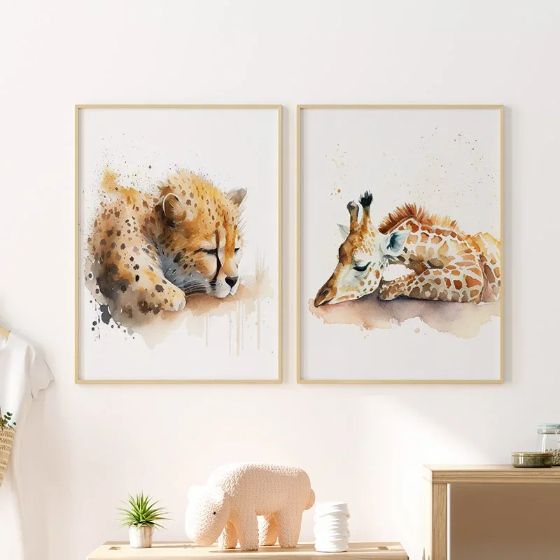 Large-sized 1pc frameless Canvas Painting Watercolor Sleeping Safari Animal Wall Art Poster Cheetah Zebra Giraffe Gazelle Fox Po