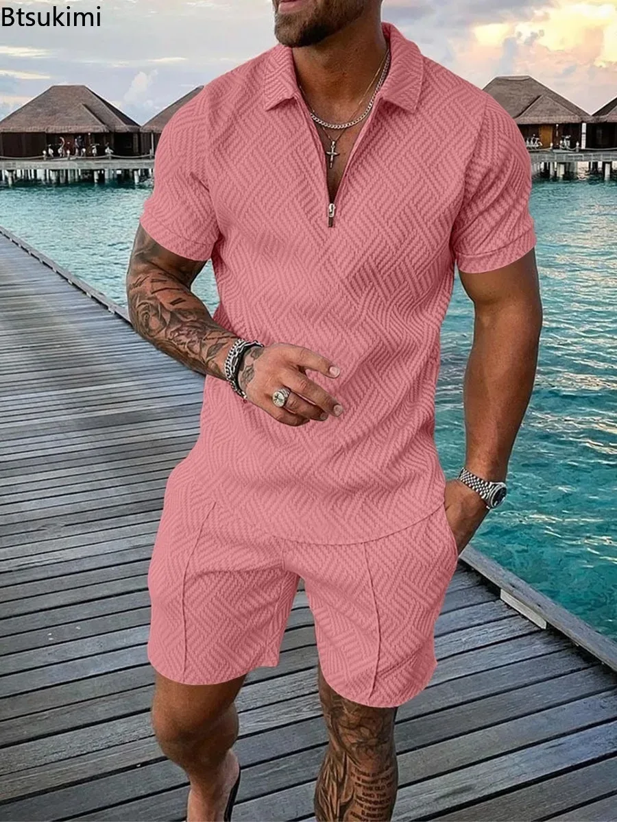 Summer Men Clothing Casual Loose Two-piece Sets Printing Solid Color Half Zipper Polo Shirt and Shorts Men's Sport Suits Sets