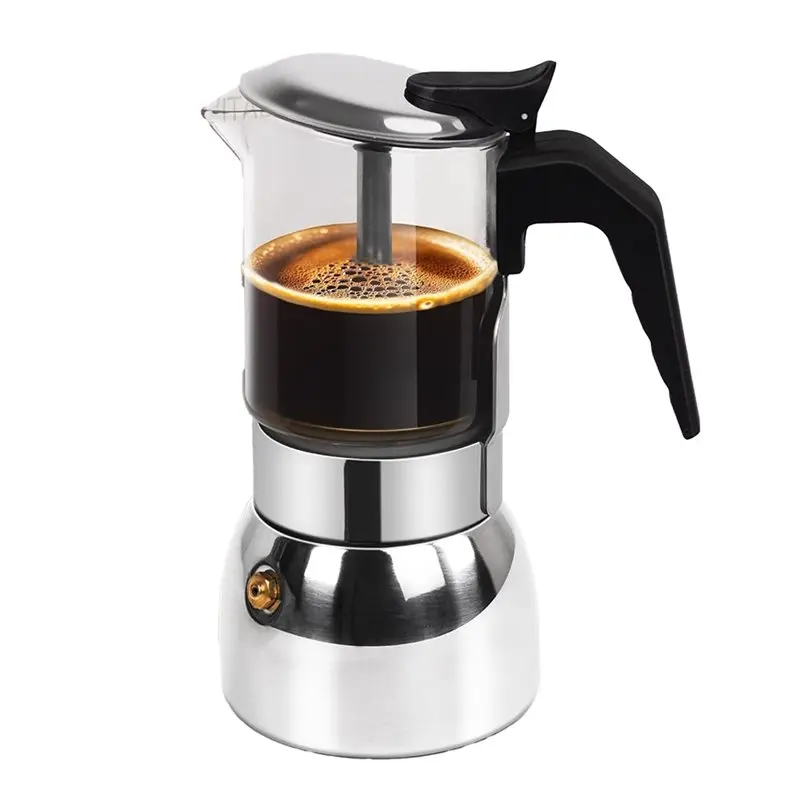 ABUI-Clear Glass 4 Cup Moka Pot 304 Stainless Steel Thickened Stovetop Espresso Maker Italian Coffee Machine 200Ml 6.8Oz