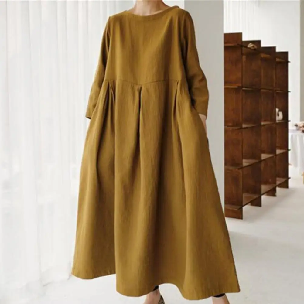 Loose Casual Cotton Linen Dresses for Women Long-sleeved Round Neck Vintage Simple Solid Colour Female Holiday Beach Long Dress