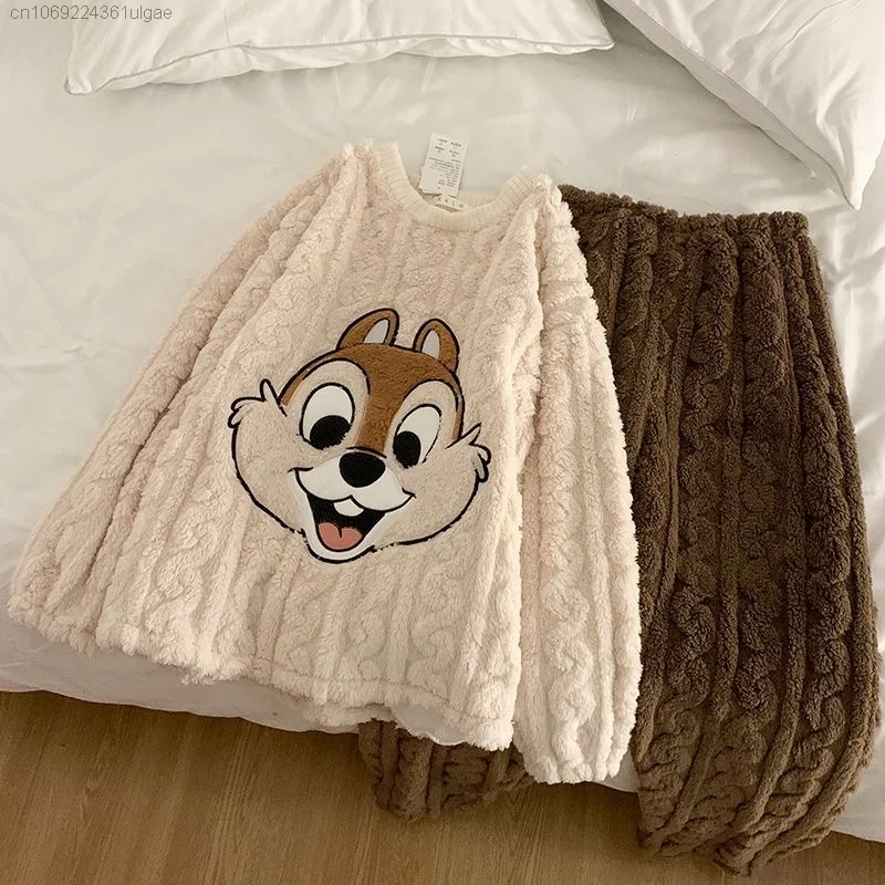 Disney Chip&Dale Cute Matching Set For Women Plush Pullover Tops Trousers Winter Soft Coral Fleece Pajamas Suit Y2k Cute Clothes