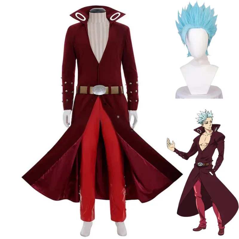 Anime siete pecados capitales: Prisioneros del cielo Ban disfraz de Cosplay abrigo largo rojo capa cinturón peluca hombre Halloween carnaval traje cm;5