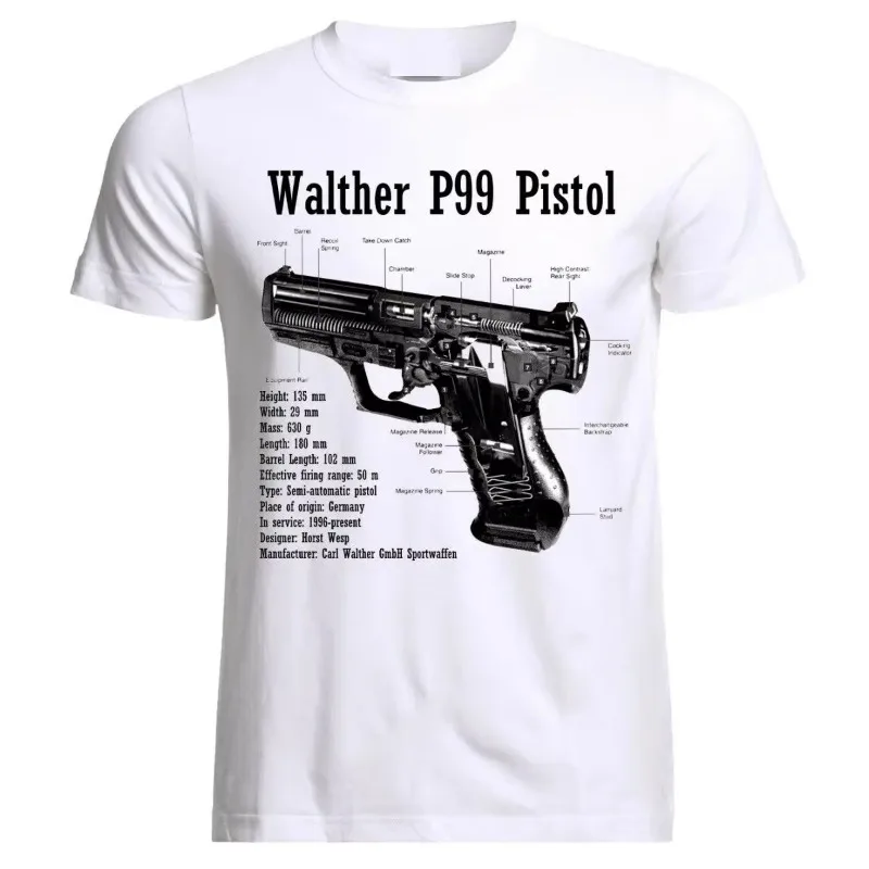 Walther P99 مسدس مخطط براءات الاختراع مسدس تي شيرت 100% القطن س الرقبة قصيرة الأكمام الصيف عادية قميص رجالي #2