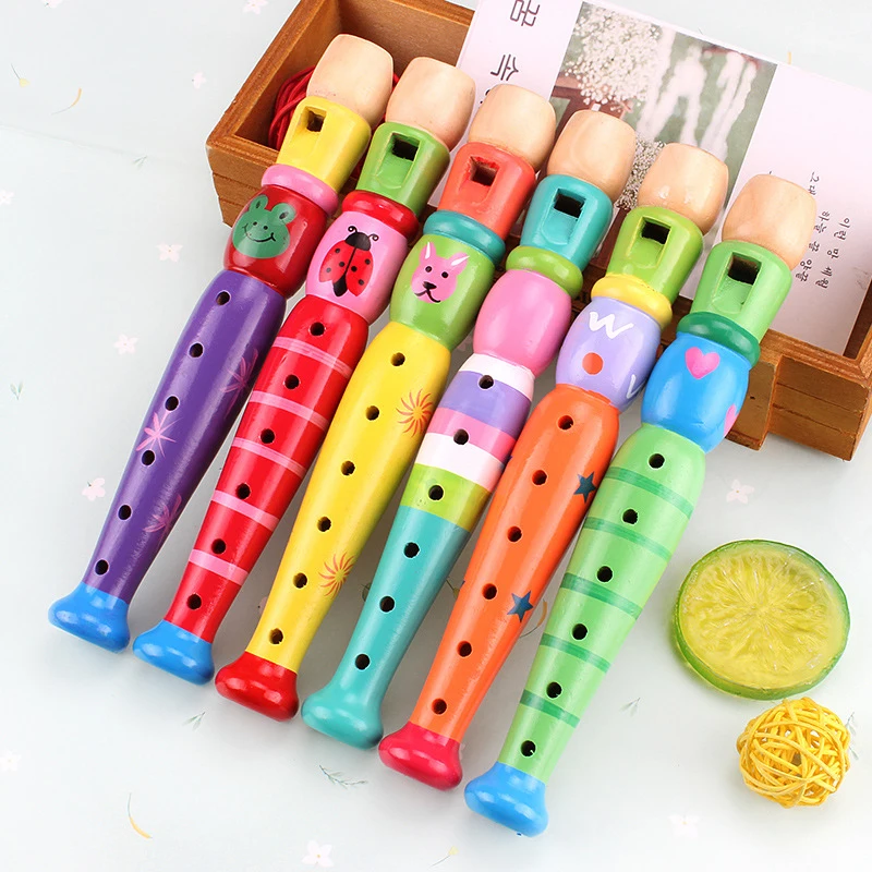 Random 1Pc Cartoon Wooden Flute Children Clarinet 6-Hole Piccolo Baby Toys Musical Instrument Toys Early Education Enlightenment