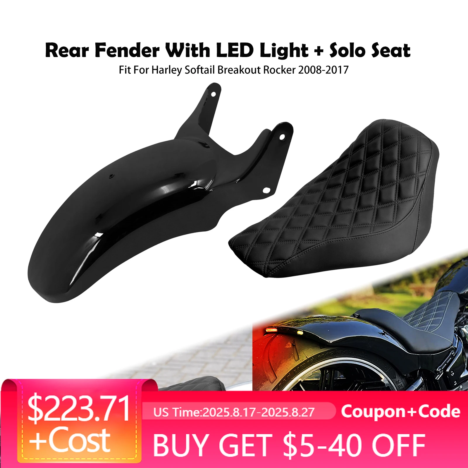

Motorcycle Rear Fender With LED Light + Solo Seat Driver Cushion Turn Signal Mudguard For Harley Softail Breakout Rocker 08-2017