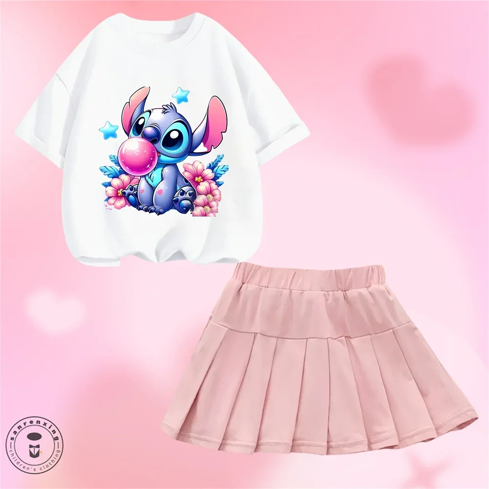 

Disney Lilo Stitch Girl T-shirt+Short Skirt Set Kawaii Anime Figures Dress Slimming Trendy Folding Skirt Children Birthday Gift
