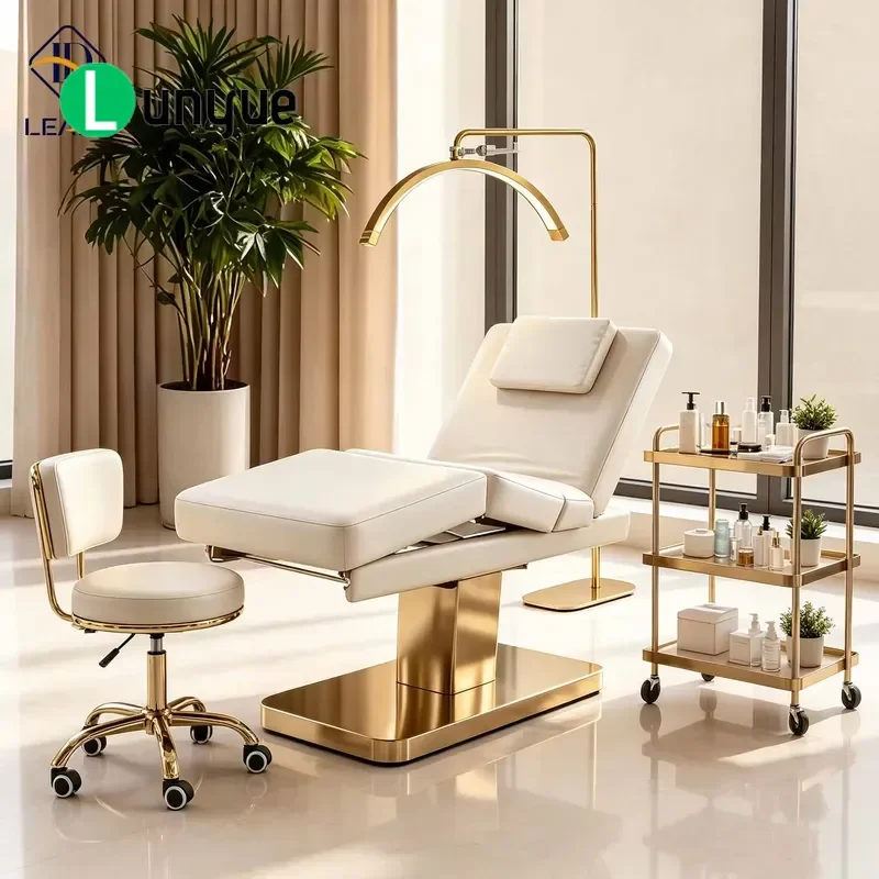 Electric Facial Care Bed Stainless Steel 3 Motors Height Adjustable Black Upholstered Stable Base For Modern Skin Care Salons