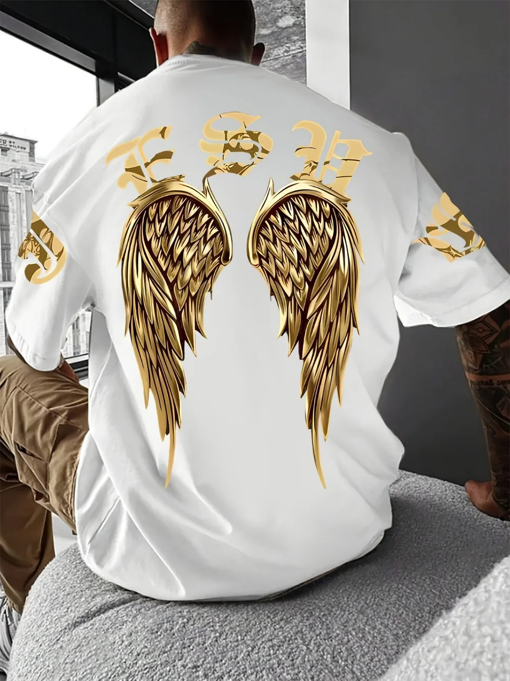 American Retro Golden Angel Wings 3D Print Men's T-Shirt Sportive, Quick-Dry Breathable, Loose-Fitting Hip-Hop Street Trendy Top
