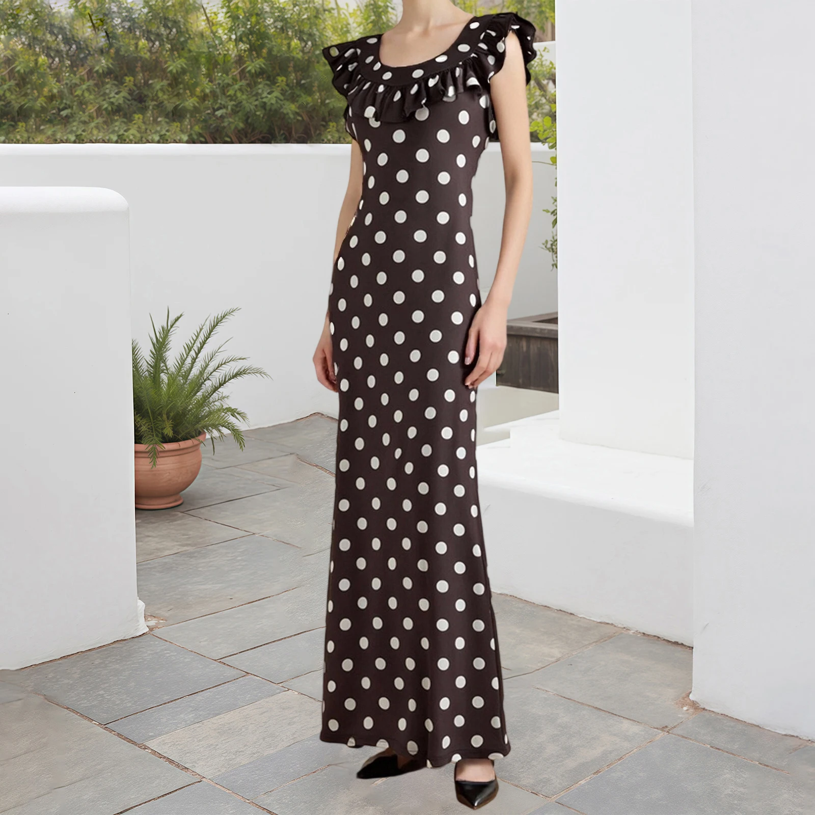 Nova moda feminina sem mangas vestido longo pontos impressão babados em torno do pescoço elegante casual fino ajuste vestido para festa s m l