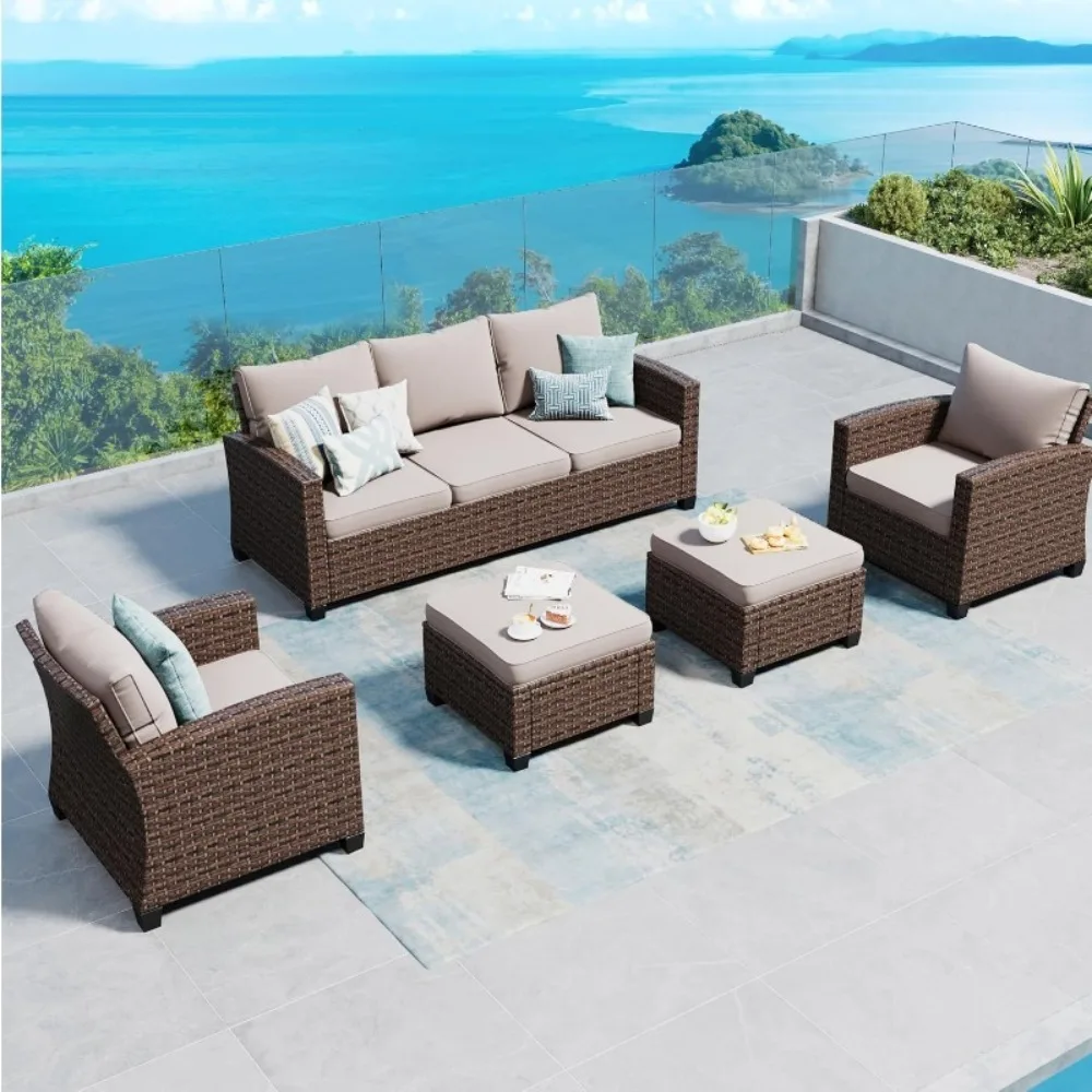 Patio Furniture Set Outdoor Furniture Brown Wicker Rattan Patio Conversation Sets with Cushion Outside Sofa Set,5 Pieces 7 Seats