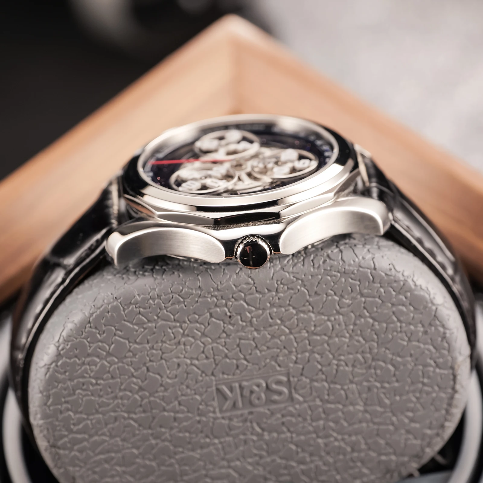 OBLVLO للرجال Darklight 3 أقراص فرعية ساعة يد تعمل بالحركة الأوتوماتيكية العصرية الأزرق ضوء الليل جلد العجل الميكانيكية Rejos DK