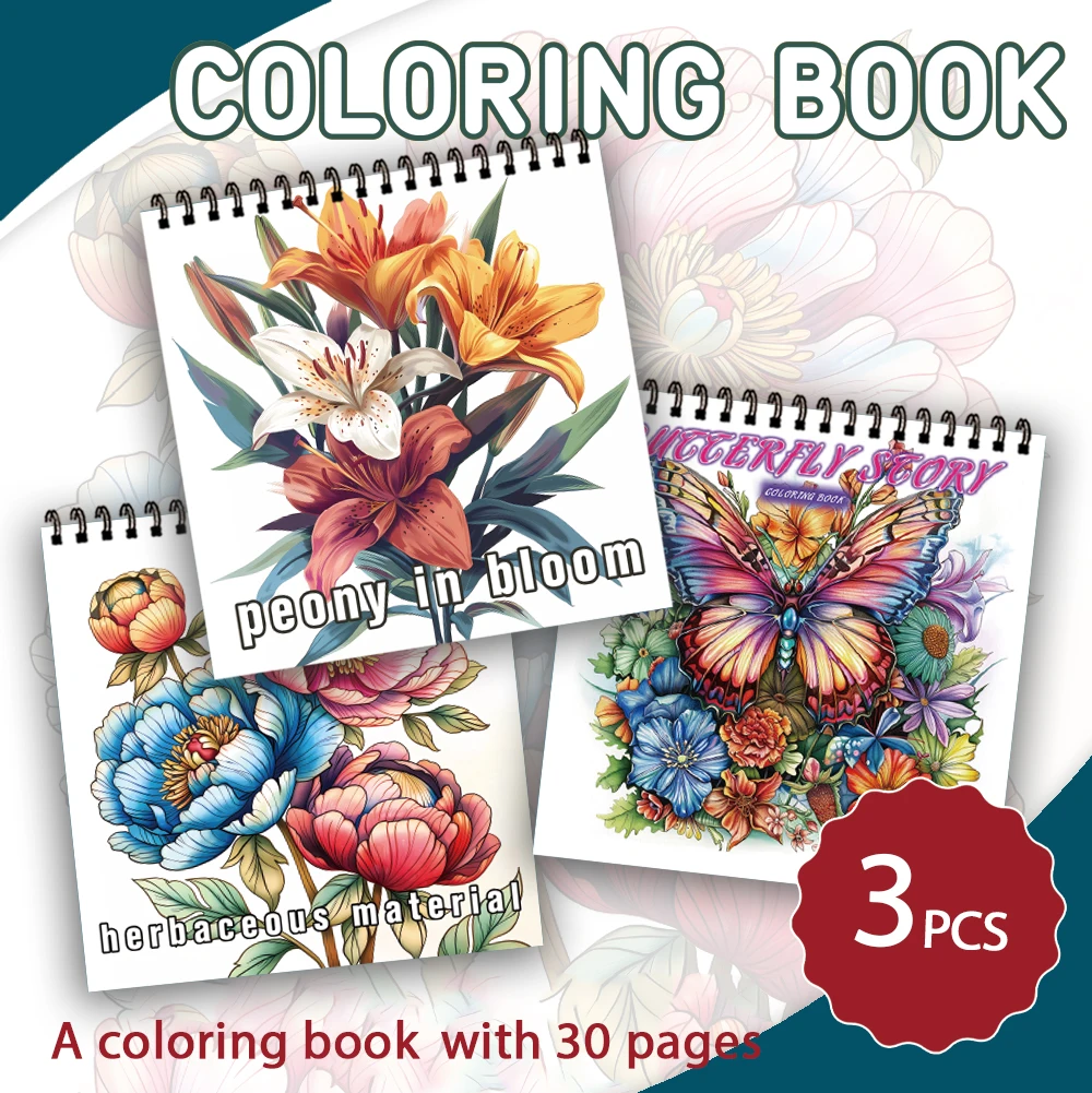 

Женский набор книг-раскрасок из 3 предметов, цветочные и узоры бабочек, 30 страниц, спиральная перевязка, релаксация снятия стресса, идеальный выбор подарка