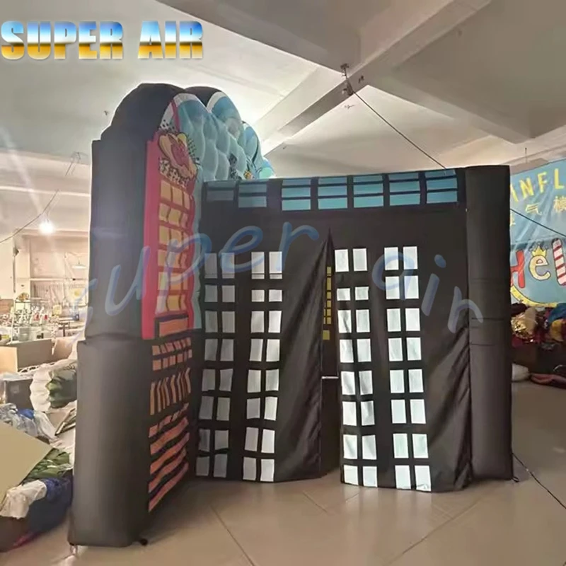 Cabina de fotos inflable negra con logotipo de personaje de dibujos animados personalizado para decoración de piezas de diversión