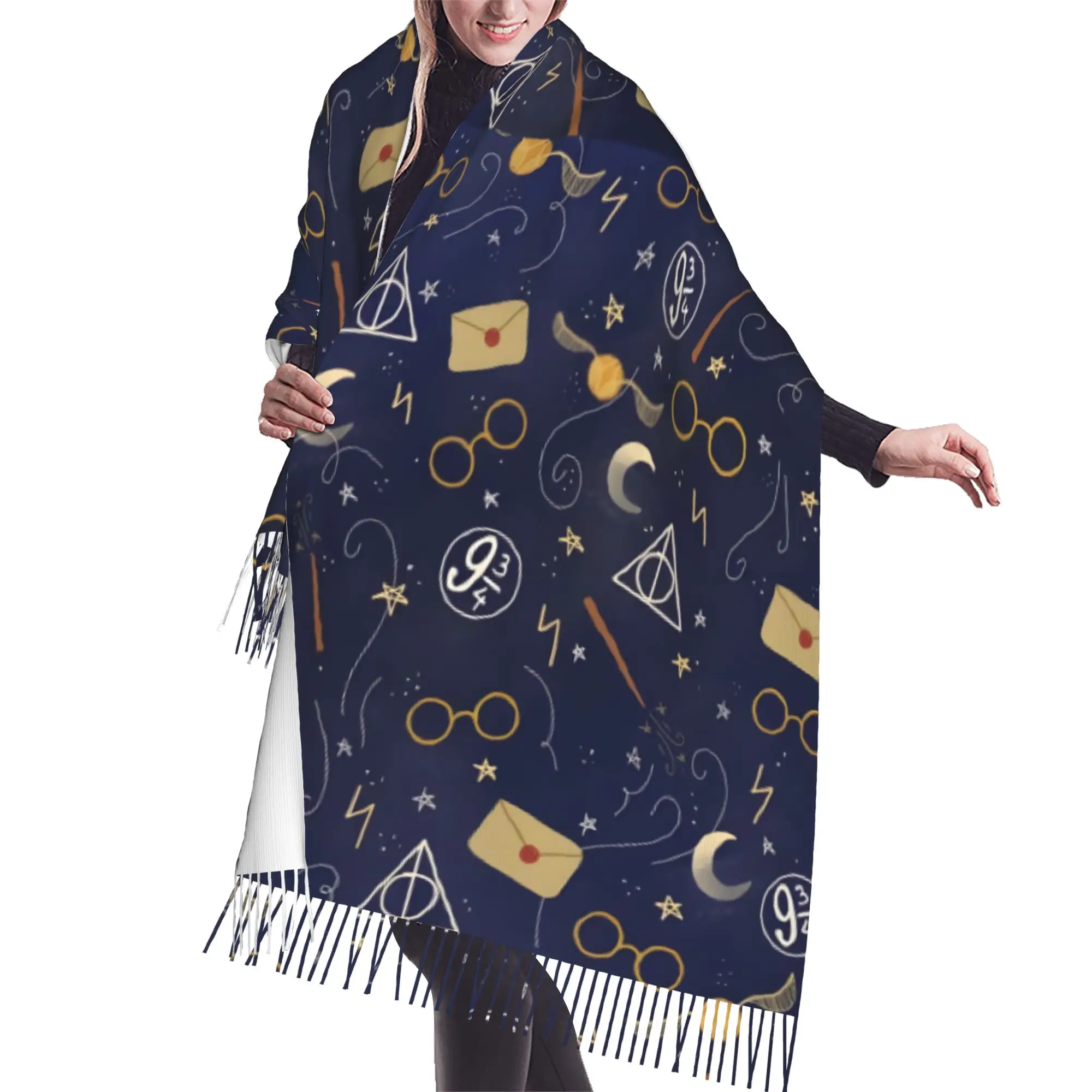 Custom Female Long Halloween H-Harryed Scarves Women Winter Fall Thick Warm Tassel Shawl Wraps Magic School Spooky Scarf