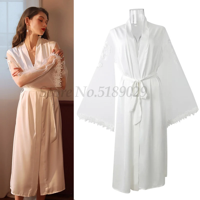 Sexy Sleepwear Bride Bridesmaid Long Robe Nightgown Casual Home Dressing Gown Intimate Lingerie Satin Lace Patchwork Bathrobe