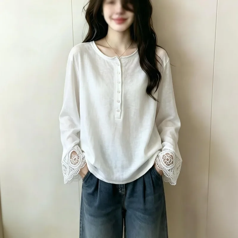 Womens Plus Size Cotton Long Sleeve Tshirt Autumn Korean Lace Cuff Loose Slim Hide Belly Inner Tops view 4
