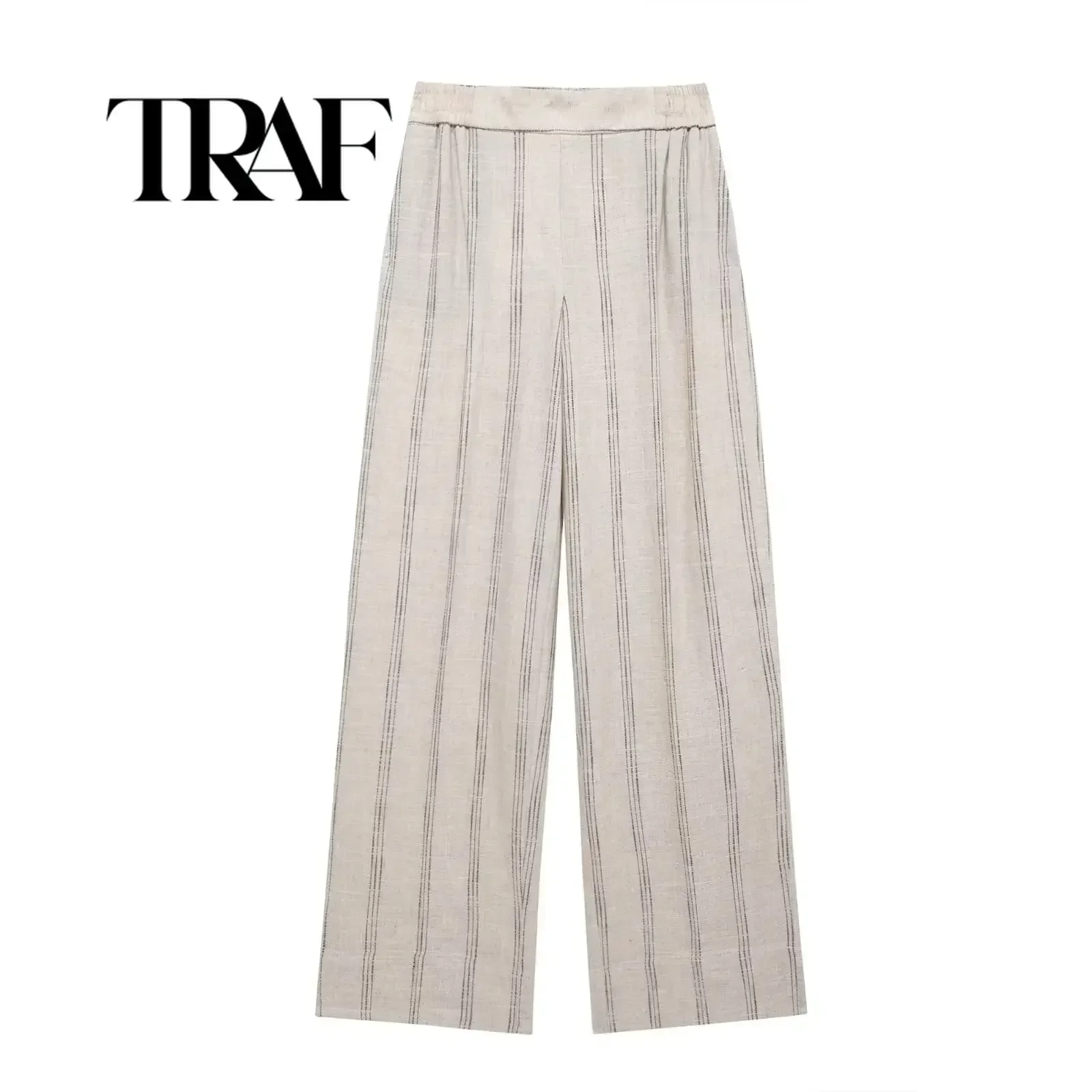 TRAF Women\'s Summer Fashion Elastic Waist Side Pockets Linen Blend Striped Wide Leg Pants Women\'s Commuting Pants Streetwear