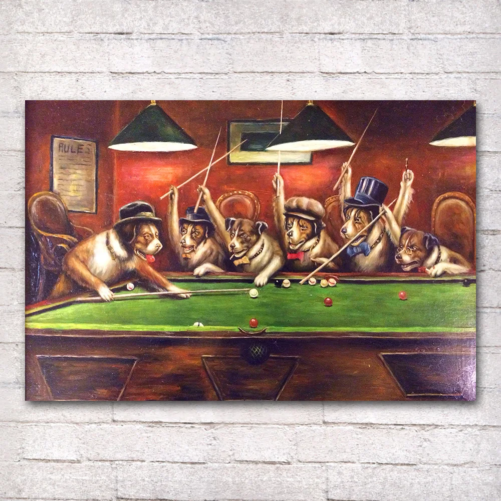 Dogs Playing Pool Billiards Canvas Painting Retro Wall Art Posters and Prints Picture Home Decor Items