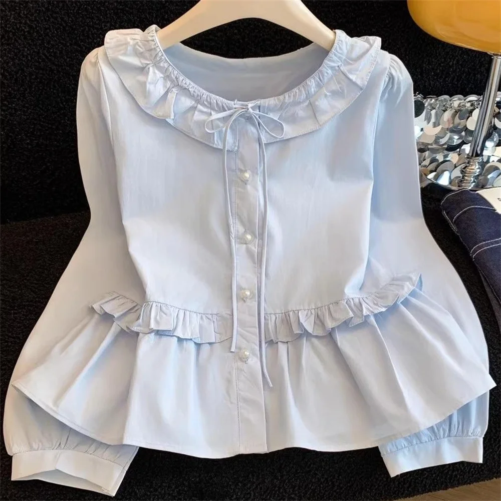 

Spring Summer Ruffles Sweet Shirt Women Cute O Neck Bow Lace Up Blouse Vintage Casual Long Sleeve Preppy Style Tops New