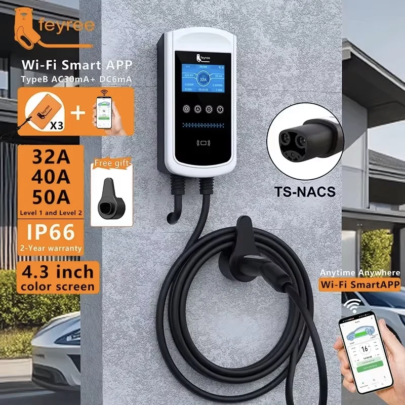 feyree EV Charging Station 32A 7KW TS-NACS Charger Plug for Tesla Car Charger EVSE Wallbox 9.6KW 12KW Fast Charging APP Control