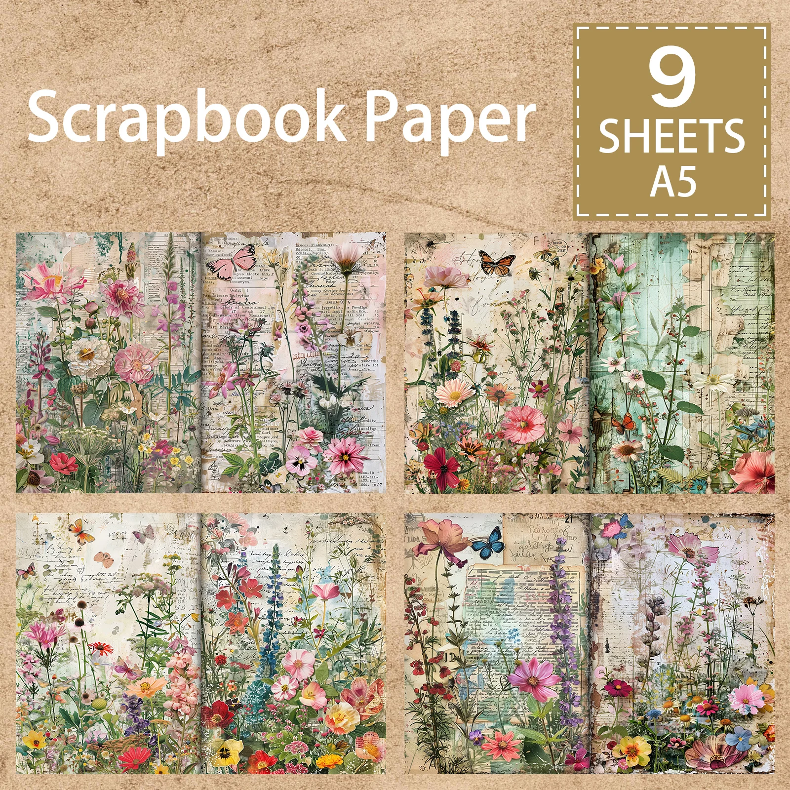 9 Sheets A5 Size Vintage Notebook Newspaper Collage Flower Pattern Background Vintage Grunge Journal Planning Scrapbooking