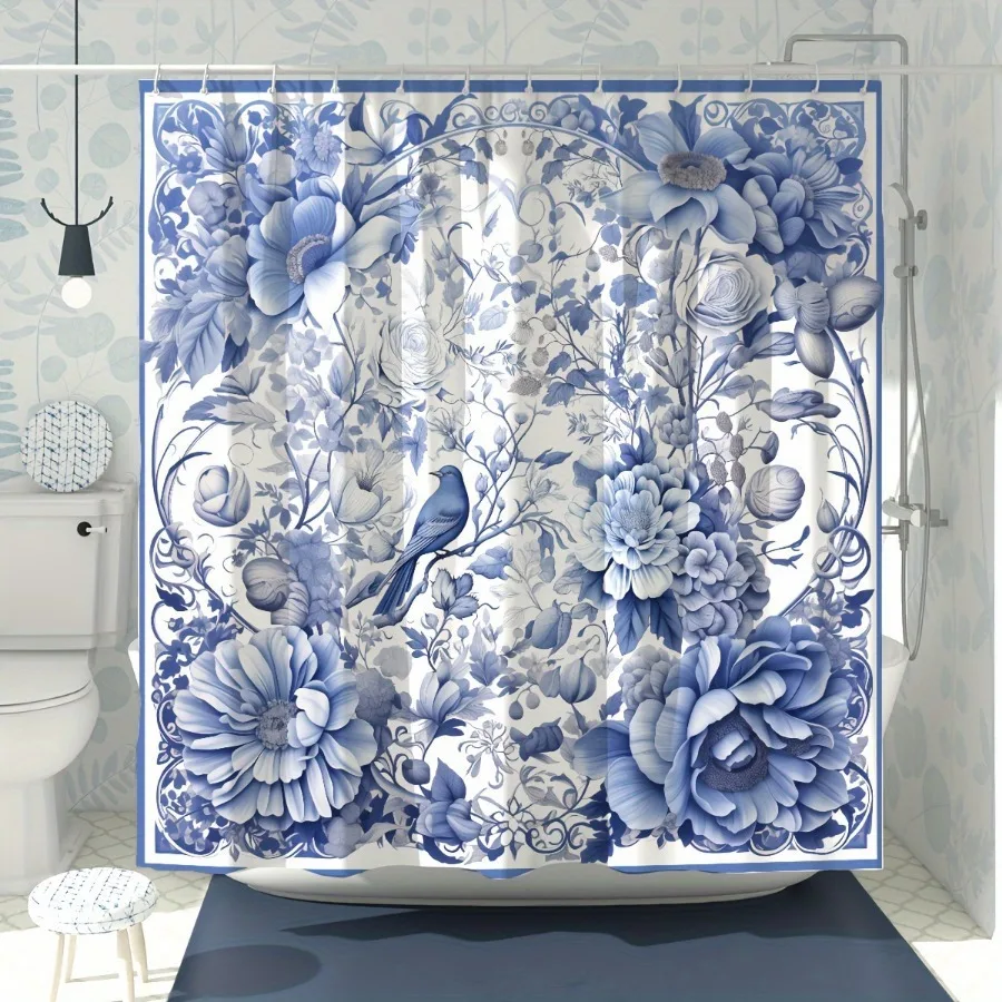 

Занавеска для душа с синими и белыми фарфоровыми цветами, моющаяся грязеотталкивающая насадка для душа, водонепроницаемая полиэстеровая занавеска для ванны
