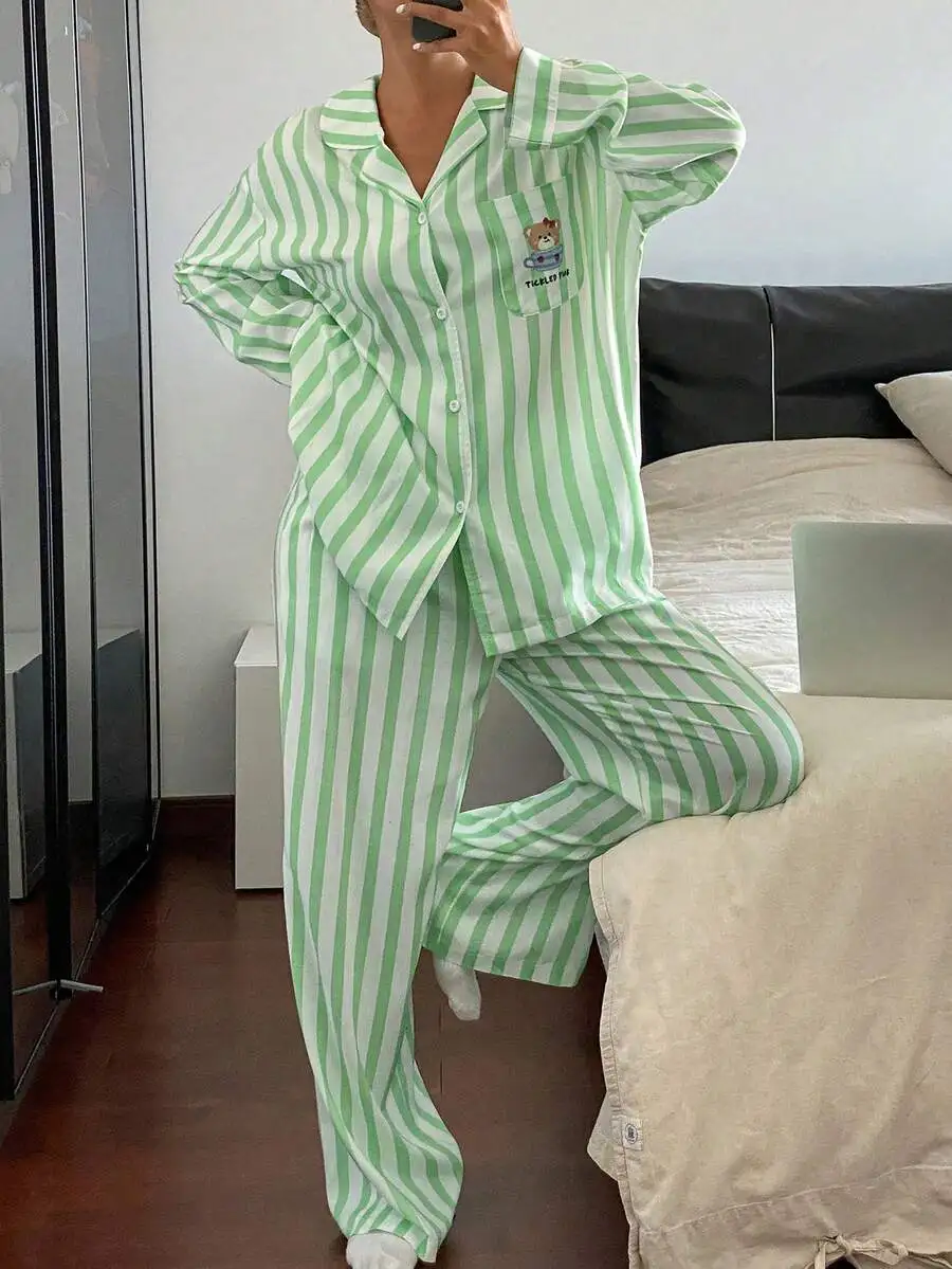 

Green White Striped Bear Print Loose Pajama Set For Women Sleepwear
