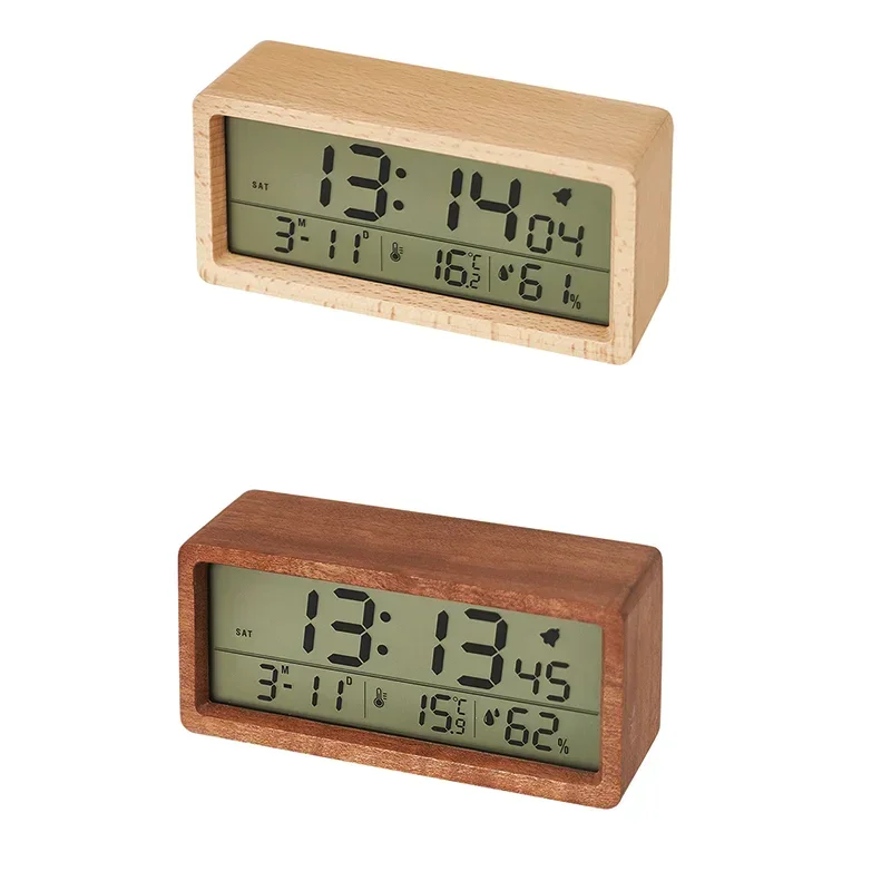 LED Wooden Digital Alarm Clock, Multifunctional Large Screen, Date Temperature, Humidity Backlight, Snooze Table Clock